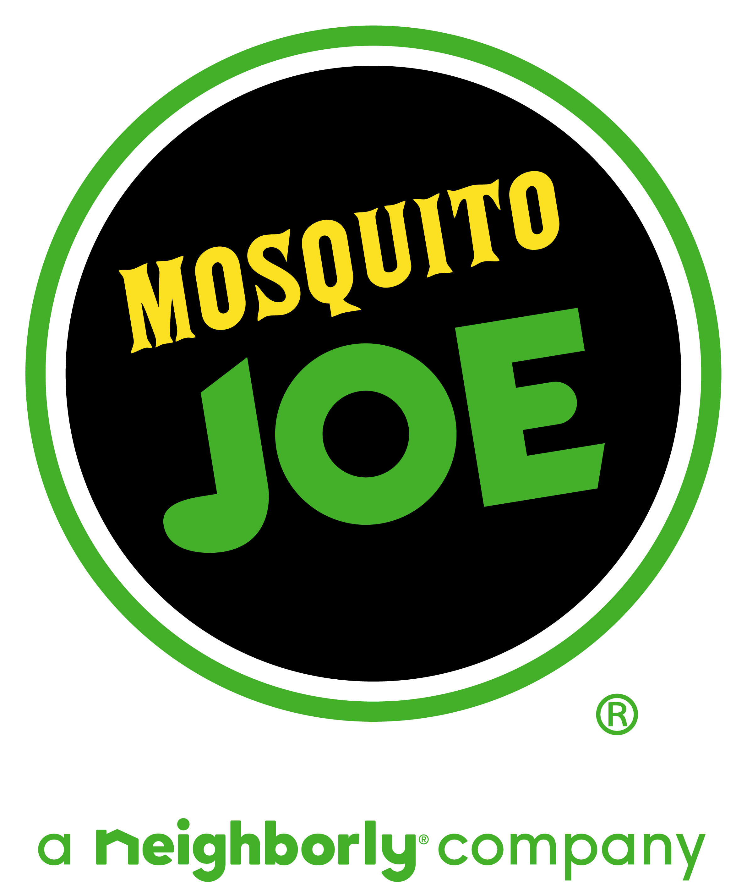 Mosquito Joe logo yellow and green text in a black circle
