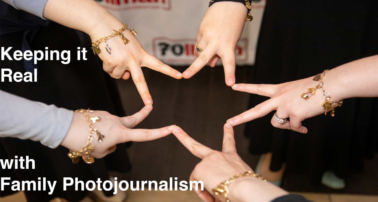 family holding hands together with text Keeping it real with family photojournalism