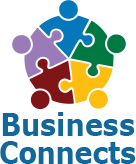 Business Connects logo in blue green yellow burgundy lavender with Business Connects in blue