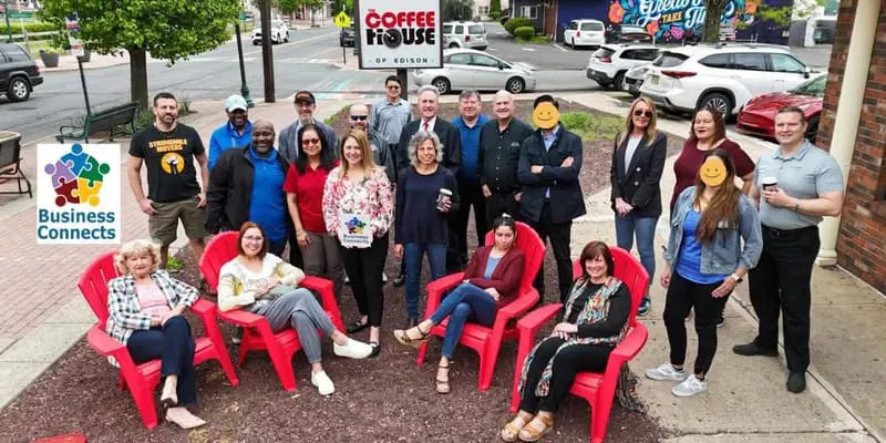 Business Connects NJ members posing together outdoors after a Tuesday breakfast meetup