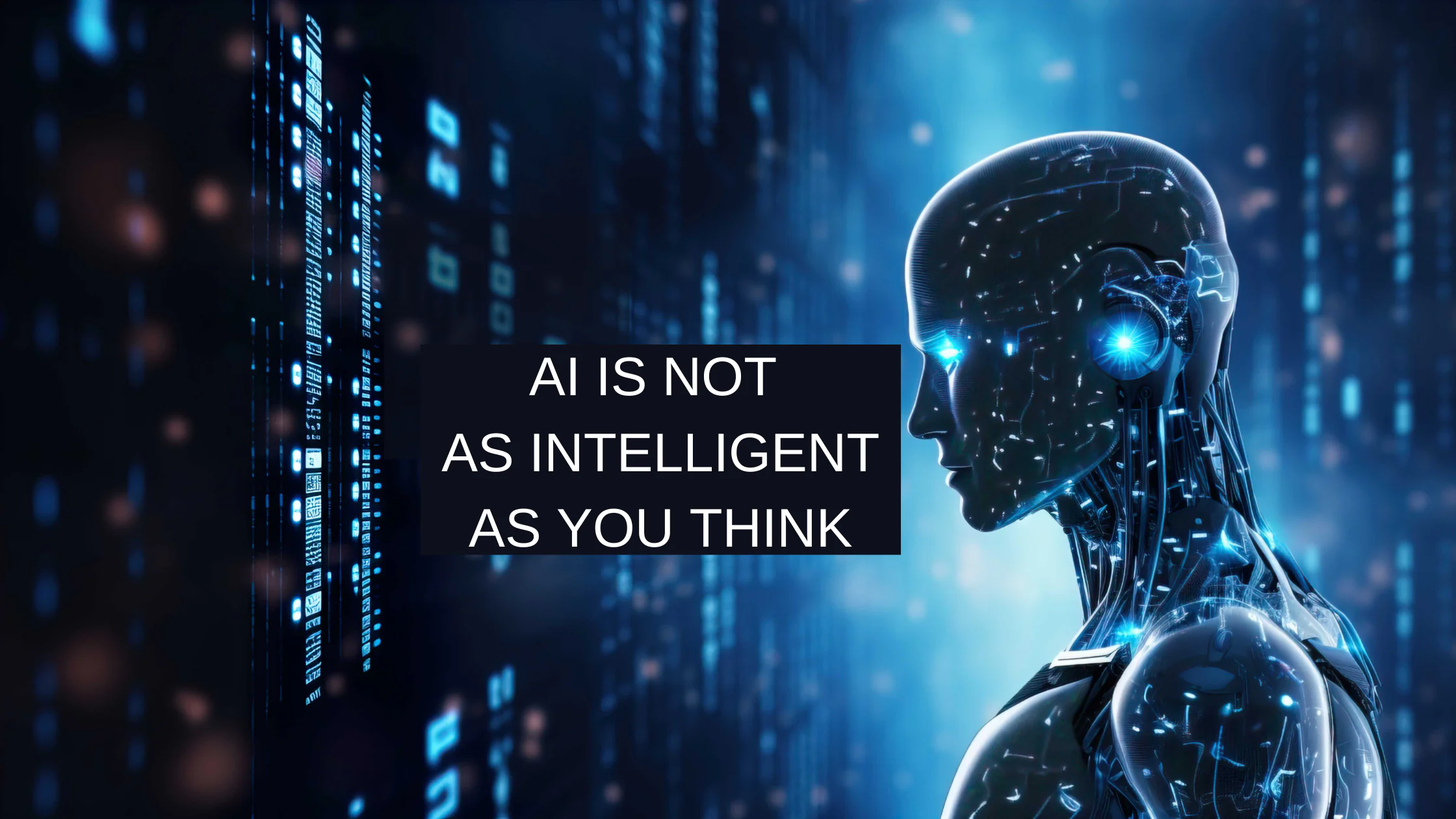 Graphic of a digital AI face with text questioning how intelligent AI really is