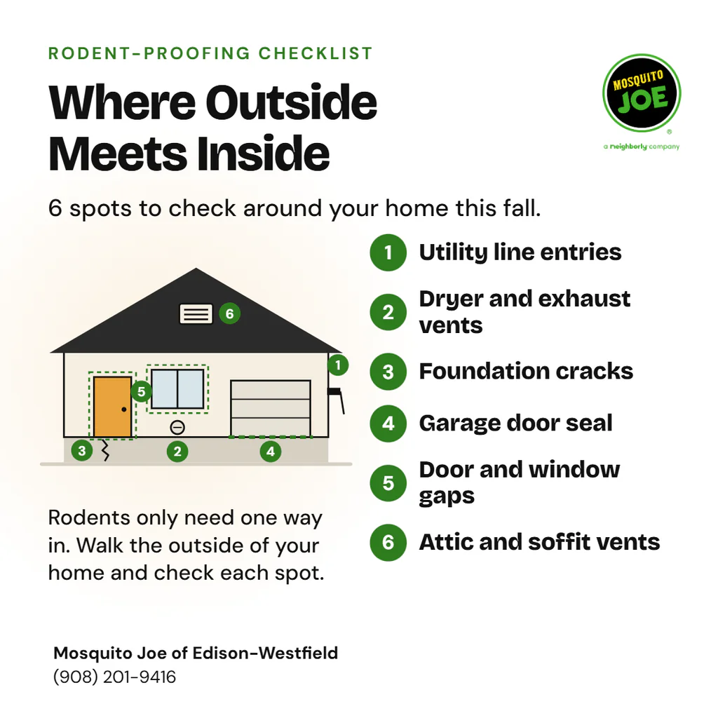 A simple house illustration with six numbered markers sits beside a numbered list of the six spots to check. The spots are utility lines, dryer and exhaust vents, foundation cracks, garage door seal, door and window gaps, and attic and soffit vents.